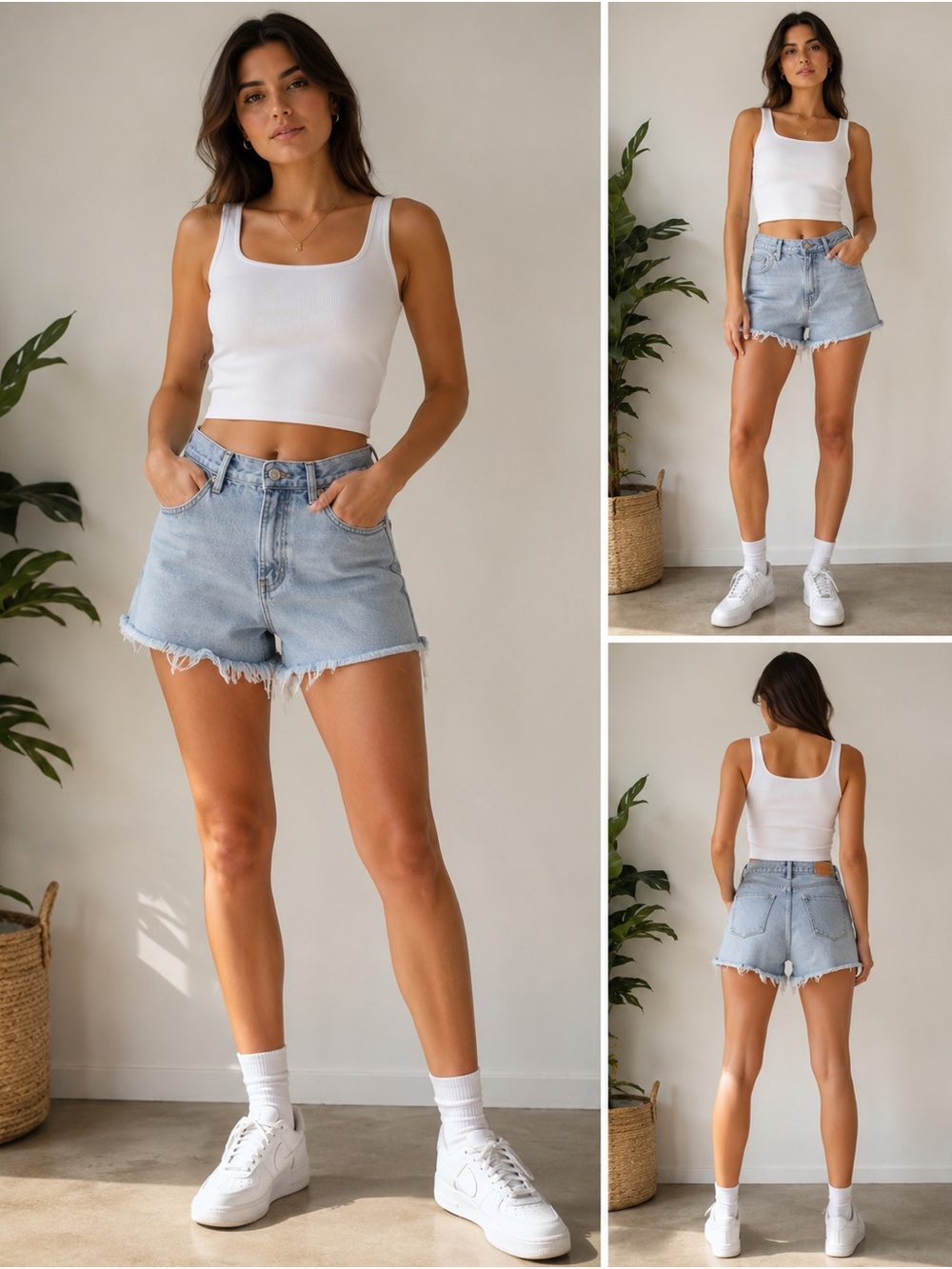 Refrain Classic High-Rise Frayed Hem Denim Shorts - Light Blue